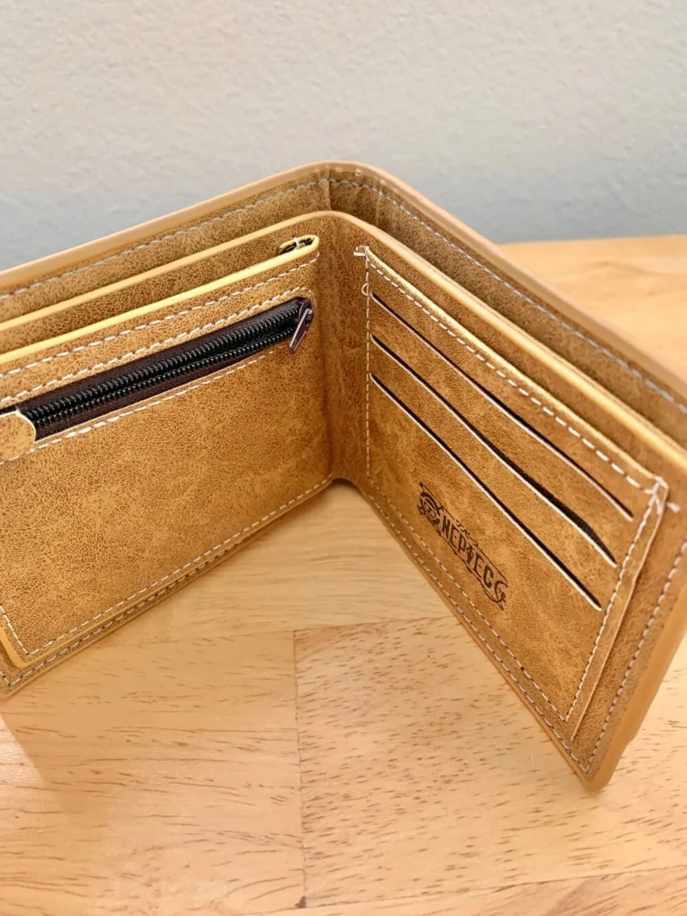 One Piece Beige Brown Gray Faux Leather Card Cash Photo Slot Zipper Anime Wallet